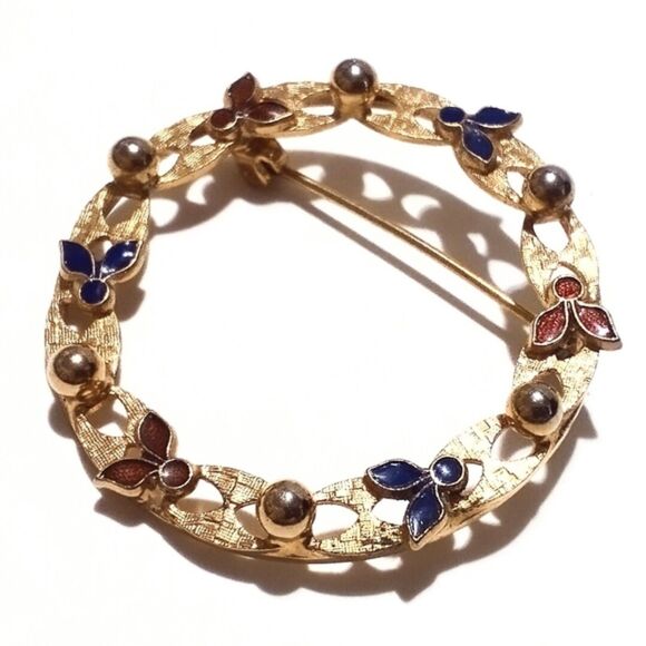 Vintage Gold Tone Red & Blue Enamel Mid Century Circle Brooch Pin - Picture 4 of 5